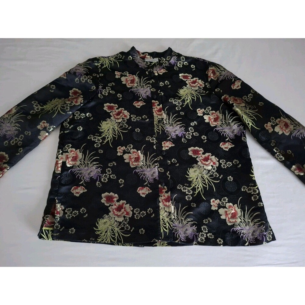 Vtg Draper's and Damon's Black Oriental Jacket Kimono XL Satin Finish Artsy